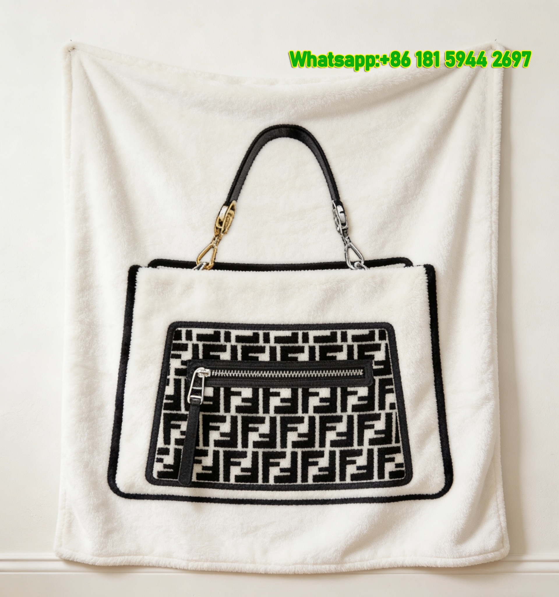 Fendi FF Monogram Handbag Print Flannel Sofa Throw Blanket Luxury Designer IMG_9332